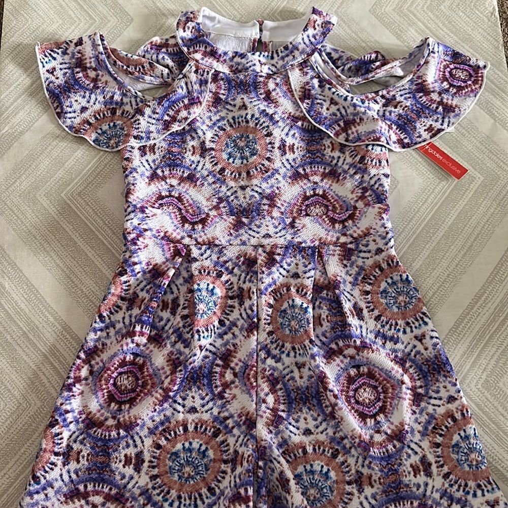 Aqua Girls Multi Color Pattern Cold Shoulder Shorts Romper